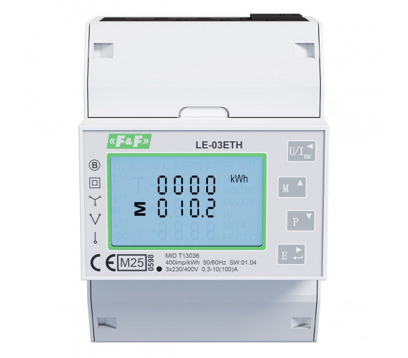 Trójfazowy licznik, pomiar bezpośredni 100A, komunikacja Modbus TCP, MID F&F LE-03ETH