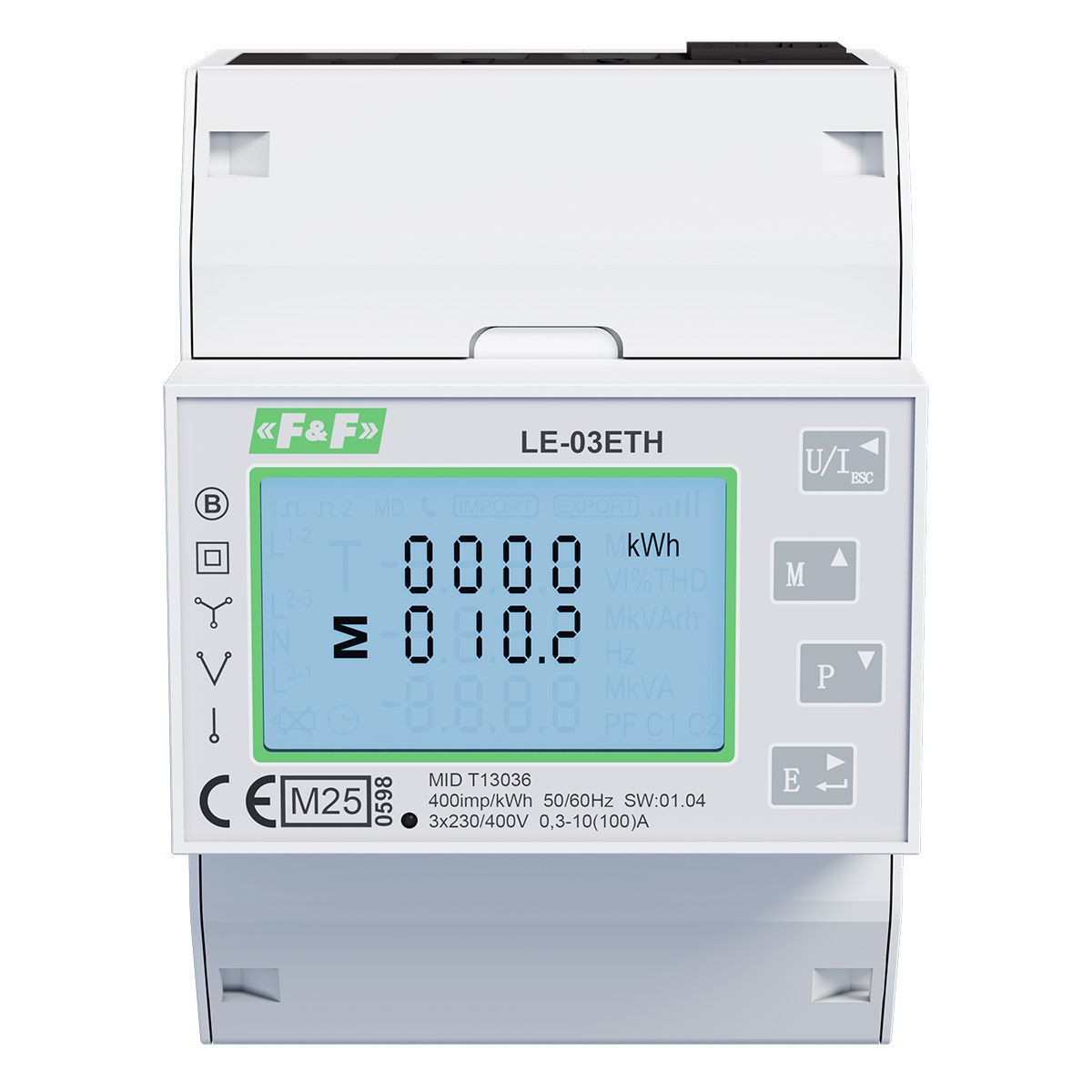 Trójfazowy licznik, pomiar bezpośredni 100A, komunikacja Modbus TCP, MID F&F LE-03ETH