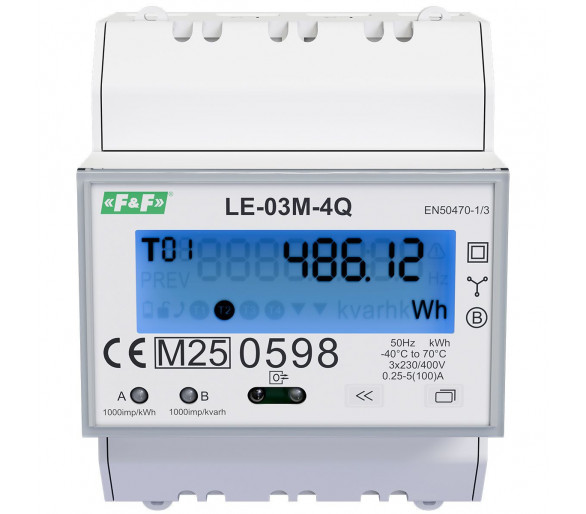 Trójfazowy licznik, czterokwadrantowy pomiar energii, pomiar bezpośredni do 100A, RS485 + Modbus RTU + DLT645-2007 F&F LE-03M-4Q