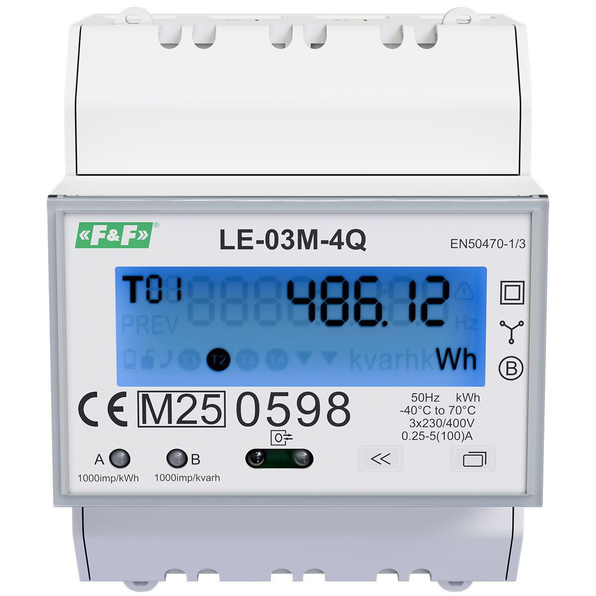 Trójfazowy licznik, czterokwadrantowy pomiar energii, pomiar bezpośredni do 100A, RS485 + Modbus RTU + DLT645-2007 F&F LE-03M-4Q