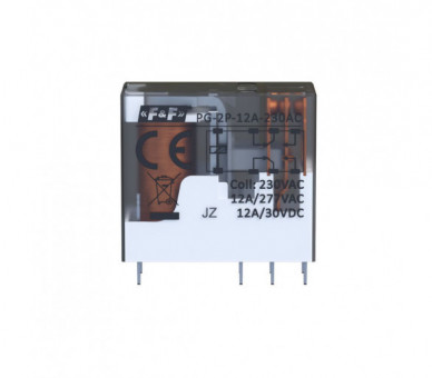 Przekaźnik interfejsowy 2xNO/NC, obciążalność (na kanał) 12A/277V AC lub 12A/30V DC, napięcie zasilania cewki 230V AC F&F PG-2P-12A-230AC