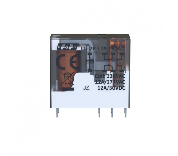 Przekaźnik interfejsowy 2xNO/NC, obciążalność (na kanał) 12A/277V AC lub 12A/30V DC, napięcie zasilania cewki 230V AC F&F PG-2P-12A-230AC