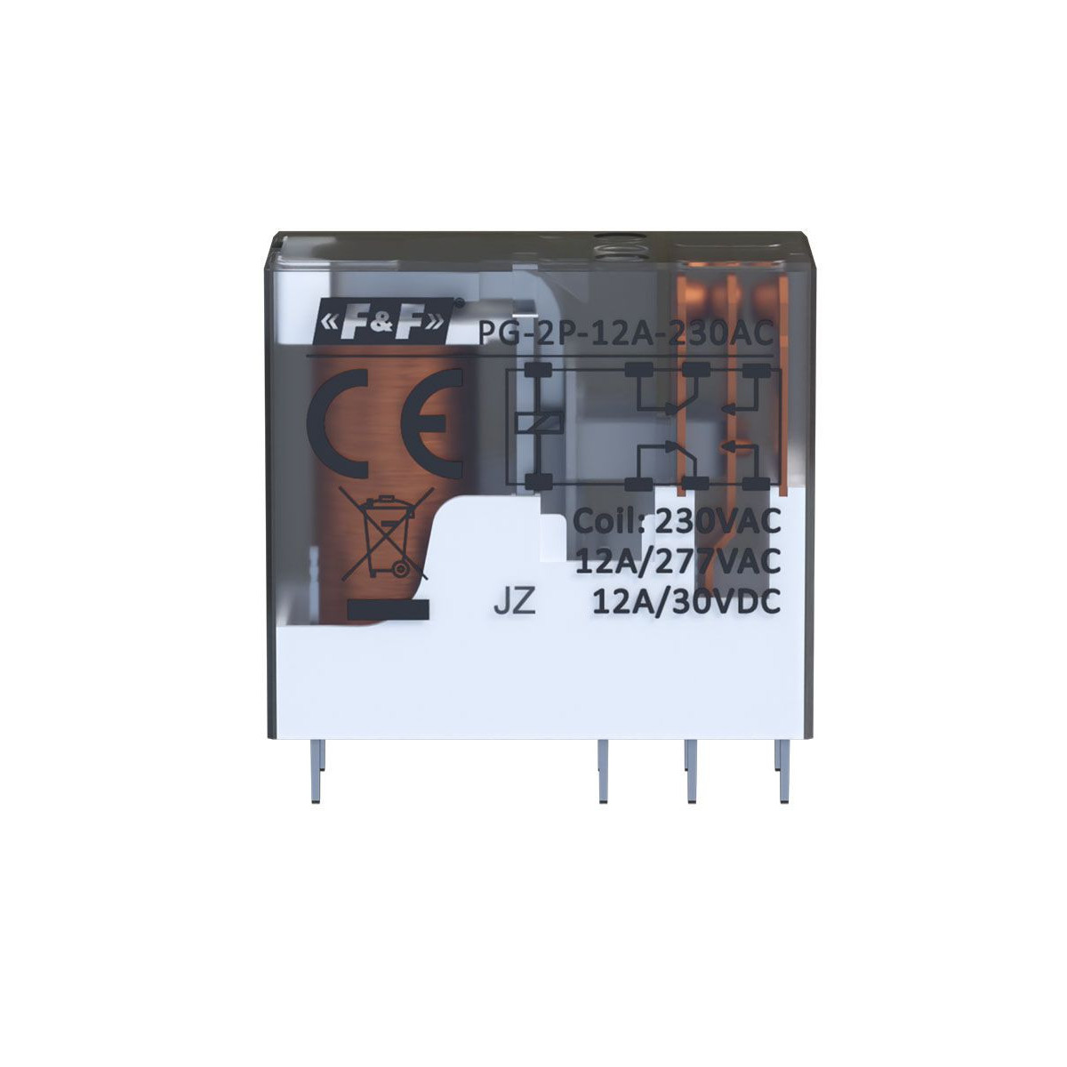 Przekaźnik interfejsowy 2xNO/NC, obciążalność (na kanał) 12A/277V AC lub 12A/30V DC, napięcie zasilania cewki 230V AC F&F PG-2P-12A-230AC