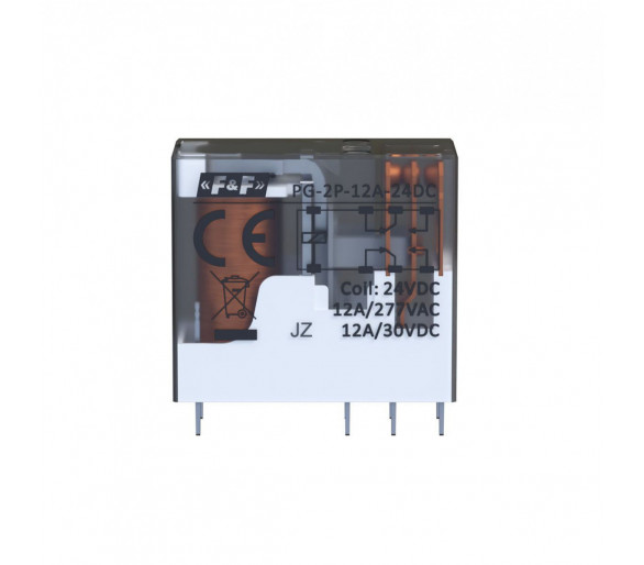 Przekaźnik interfejsowy 2xNO/NC, obciążalność (na kanał) 12A/277V AC lub 12A/ 30V DC, napięcie zasilania cewki 24V DC F&F PG-2P-12A-24DC