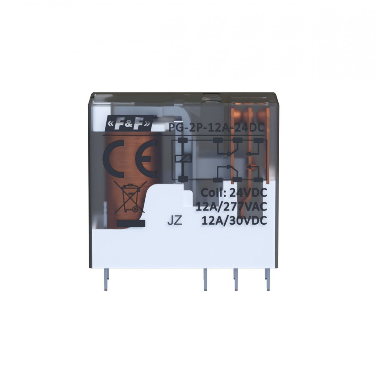 Przekaźnik interfejsowy 2xNO/NC, obciążalność (na kanał) 12A/277V AC lub 12A/ 30V DC, napięcie zasilania cewki 24V DC F&F PG-2P-12A-24DC