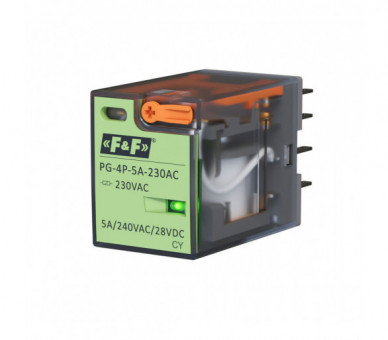 Przekaźnik interfejsowy 4xNO/NC, obciążalność (na kanał) 5A/240V AC lub 12A/28V DC, napięcie zasilania cewki 230V AC F&F PG-4P-5A-230AC